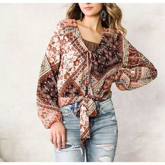 Willow & Root tie front blouse hippie boho blouse L - Picture 1 of 11
